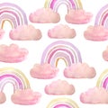 Watercolor seamless hand drawn pattern with bright pink blush coral rainbow clouds sky. Modern design for child kid