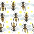 Watercolor seamless hand drawn pattern with bumble bees, nature natural insects, summer vibes modern design. Honeycomb