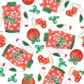 Watercolor seamless hand drawn pattern with Christmas ugly sweater jumper. Red green traditional colors for new year