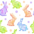 Watercolor seamless hand drawn pattern with Easter eggs bunnies on glitter shimmer shiny texture, magic mystic crystals