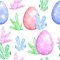 Watercolor seamless hand drawn pattern with Easter eggs bunnies on glitter shimmer shiny texture, magic mystic crystals