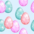 Watercolor seamless hand drawn pattern with Easter eggs bunnies on glitter shimmer shiny texture, magic mystic crystals