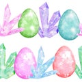 Watercolor seamless hand drawn pattern with Easter eggs bunnies on glitter shimmer shiny texture, magic mystic crystals