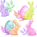 Watercolor seamless hand drawn pattern with Easter eggs bunnies on glitter shimmer shiny texture, magic mystic crystals