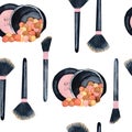 Watercolor seamless hand drawn pattern with girl woman rouge blush blusher powder foundation. Design with cosmetics