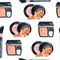 Watercolor seamless hand drawn pattern with girl woman rouge blush blusher powder foundation. Design with cosmetics