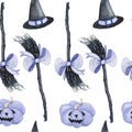 Watercolor seamless hand drawn pattern illustration with witch black broom hat. For Halloween decor wallpaper fabric