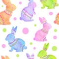 Watercolor seamless hand drawn pattern with pastel Easter bunnies rabbits. Bright colorful background with animal print Royalty Free Stock Photo