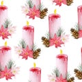 Watercolor seamless hand drawn pattern with pink red poinsettia flower, Christmas star plant conifer pine spruce Royalty Free Stock Photo