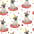 Watercolor seamless hand drawn pattern with pugs dogs breed isolated on white background. Funny cute cartoon pet animals