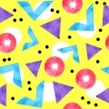 Watercolor seamless hand drawn pattern of 90s 80s memphis abstract style. Bright blue yellow pink purple geometric Royalty Free Stock Photo