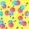 Watercolor seamless hand drawn pattern of 90s 80s memphis abstract style. Bright blue yellow pink purple geometric Royalty Free Stock Photo