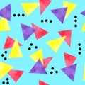 Watercolor seamless hand drawn pattern of 90s 80s memphis abstract style. Bright blue yellow pink purple geometric Royalty Free Stock Photo