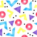 Watercolor seamless hand drawn pattern of 90s 80s memphis abstract style. Bright blue yellow pink purple geometric Royalty Free Stock Photo