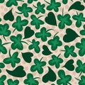 Watercolor seamless hand drawn pattern St Patrick's Day background, green irish shamrock, emerald ireland hearts on