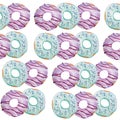 Watercolor seamless hand drawn pattern of sweet delicious tasty baked pastry donuts of pink violet lavender lilac mint