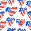 Watercolor seamless hand drawn pattern for US Independence day 4th fourth of July patriotic background hearts love print Royalty Free Stock Photo