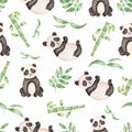 Watercolor seamless hand drawn Tropical leaves bamboo tree pattern with panda bear. Aquarelle wild leaves with wild animal for Royalty Free Stock Photo