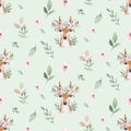 Watercolor Seamless hand illustrated floral pattern with floral leaf, pink flowers and baby deer. Watercolor boho spring Royalty Free Stock Photo