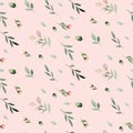 Watercolor Seamless hand illustrated floral pattern with floral leaf and pink flowers. Watercolor boho spring wallpaper