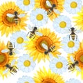 Watercolor seamless handd rawn pattern with bumble bees, nature natural insects, summer vibes modern design. Honeybees