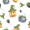 Watercolor Seamless Happy Halloween Pattern. Perfect for Halloween greeting card