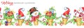 Watercolor seamless horizontal garland. Waffle cone with snowmans, Santa hats and gifts. Funny dessert. Cretive New Year