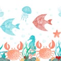 Watercolor seamless horizontal pattern- crab, fish, seahorse, seaweed, coral, jellyfish, starfish. White background