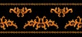 Watercolor seamless horizontal pattern of golden chains and floral elements of baroque isolated on black background