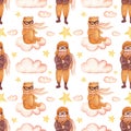 Watercolor pattern with stars, clouds, pilot and bear toy on white background. Pattern for various products for kids.