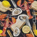 Watercolor seamless kitchen pattern, consists of cook knives and cutting board, seafood, Royalty Free Stock Photo