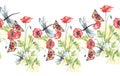 Watercolor seamless linear background, border. With a butterfly. dragonfly. poppy flower, wildflowers. For design,fabric, material Royalty Free Stock Photo