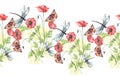 Watercolor seamless linear background, border. With a butterfly. dragonfly. poppy flower, wildflowers. For design,fabric, material Royalty Free Stock Photo