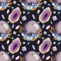 Watercolor seamless pattern with fortune ball, various gemstones, colorful geode. Pattern with magic witch elements.