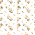 Watercolor seamless multidirectional pattern with construction vehicles, excavator, truck crane, grader, loader on a white