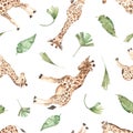 Watercolor seamless multidirectional pattern with cute giraffes and tropical leaves