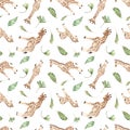 Watercolor seamless multidirectional pattern with cute giraffes and tropical leaves on a white background