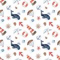 Watercolor seamless multidirectional pattern with a lighthouse, whale, anchor, helm, ships on a white background Royalty Free Stock Photo