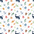 Watercolor seamless multidirectional pattern with sea creatures, whale, fish, jellyfish, shells, seaweed on a white background