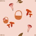 Watercolor seamless patern with autumn mushrooms and baskets. Seasonal wrapping paper. Fall. Raster illustration for packaging,