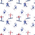 Watercolor seamless patern with skiers. Winter textile. Sport costume. Wrapping paper for ski resort souvenirs. White background