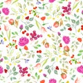 Watercolor seamless pattern with abstract flowers, leaves, berries.