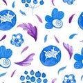 Watercolor seamless pattern with abstract flowers with leaves in blue and purple Royalty Free Stock Photo