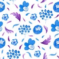 Watercolor seamless pattern with abstract flowers with leaves in blue and purple Royalty Free Stock Photo