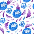 Watercolor seamless pattern with abstract flowers with leaves in blue and purple Royalty Free Stock Photo