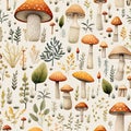 watercolor seamless pattern of abstract mushrooms and plants