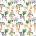 Watercolor seamless pattern with african trees and animals.