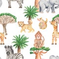 Watercolor seamless pattern with african trees and animals.