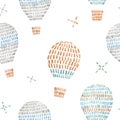 Watercolor seamless pattern with air baloons, sky, clouds, stars, in cute baby stitch embroidery style. Ready print for Royalty Free Stock Photo