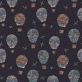 Watercolor seamless pattern with air baloons, sky, clouds, stars, in cute baby stitch embroidery style. Ready print for Royalty Free Stock Photo